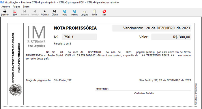 Modelo de Nota Promissória gerado pelo IM Cobrança da IM Sistemas