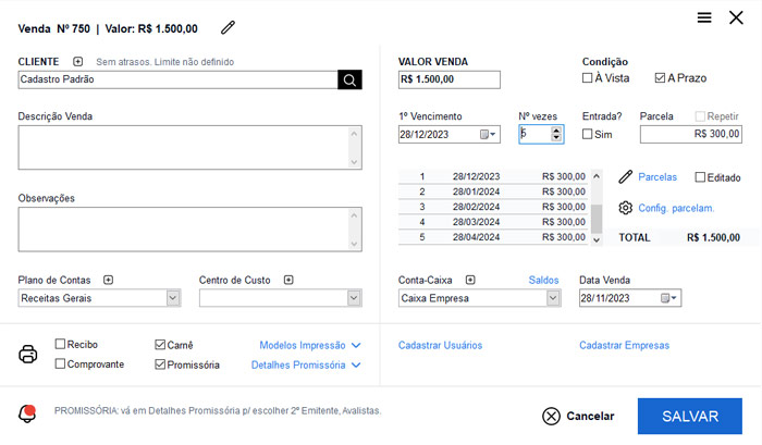 Tela de nova venda com carnê de pagamento