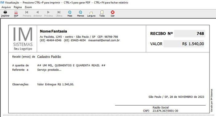 Modelo de Recibo gerado pelo IM Recibo da IM Sistemas