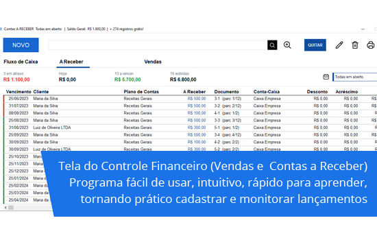 Tela do controle financeiro, vendas e contas a receber (notas promissórias)