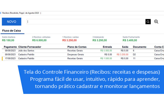 Tela do controle financeiro, receitas e despesas (IM Recibo)